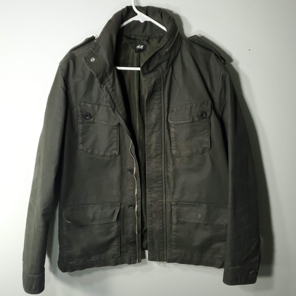 H&M Mens Military Jacket Olive Green Coat 40R Hood